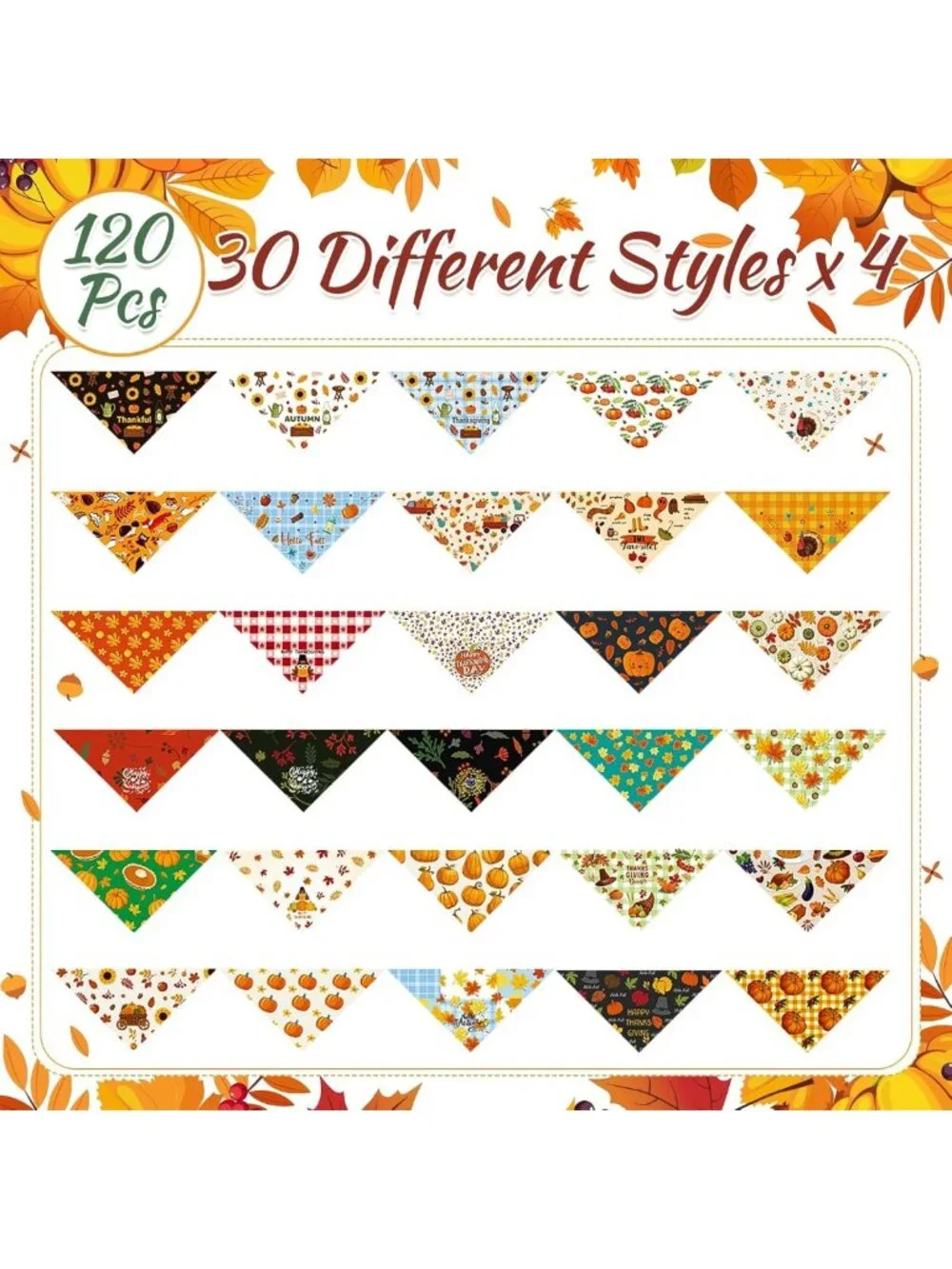 120 Pcs Fall Dog Bandanas - Adjustable Pumpkin Triangle Scarves for Pets